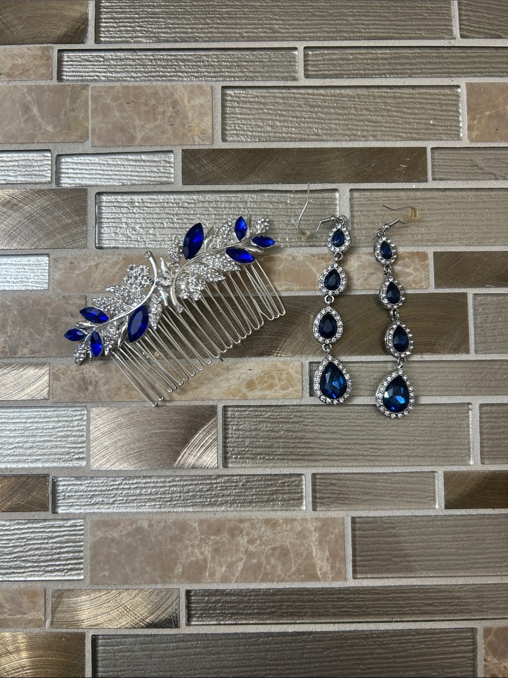 Silver Hair Comb and Drop Earrings Set with Royal Blue Crystals